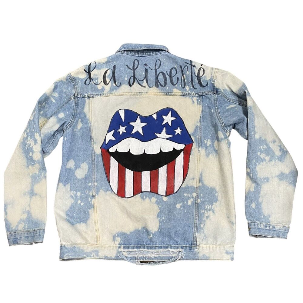 Denim Trucker Jacket Size Small Bleach Dyed La Liberte Handpainted Distressed